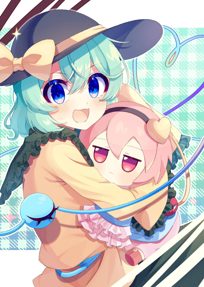 1girl :d black_headwear blouse blue_eyes blush bow character_doll commentary frilled_shirt_collar frilled_sleeves frills fumo_(doll) green_hair green_skirt hair_between_eyes hat hat_bow heart heart_of_string highres hugging_doll hugging_object komeiji_koishi komeiji_satori kudamono25253 long_sleeves looking_at_viewer medium_hair open_mouth shirt skirt smile solo third_eye touhou upper_body wide_sleeves yellow_bow yellow_shirt