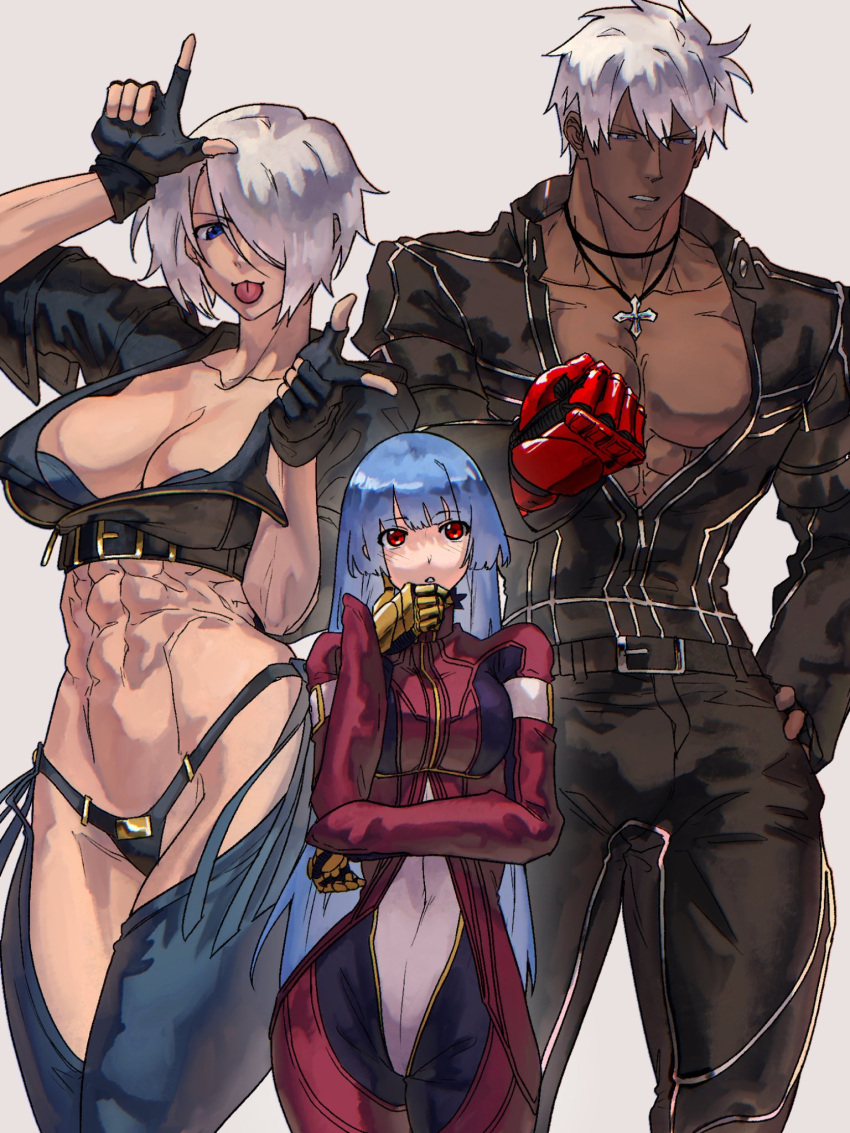 1boy abs angel_(kof) backless_pants belt blue_eyes blue_hair bra breasts chaps cleavage crop_top cropped_jacket cross cross_necklace dark_skin fingerless_gloves gloves hair_over_one_eye highres horns_pose index_fingers_raised jacket jewelry k'_(kof) kula_diamond large_breasts leather leather_jacket leather_pants long_hair looking_at_viewer midriff muscular muscular_female navel necklace panties pants red_eyes red_gloves short_hair simple_background snk standing strapless strapless_bra syachiiro the_king_of_fighters the_king_of_fighters_xiv toned underwear white_hair yellow_gloves