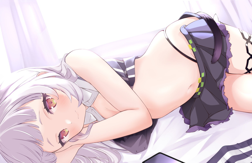 1girl :&gt; backlighting black_pantyhose black_skirt blunt_bangs cat_tail cocozasa convenient_arm crop_top dutch_angle highleg highleg_panties highres hololive light_blush long_hair looking_at_viewer lying microskirt murasaki_shion navel on_bed on_side orange_eyes panties pantyhose partially_undressed pleated_skirt skirt solo tail underwear virtual_youtuber white_hair window
