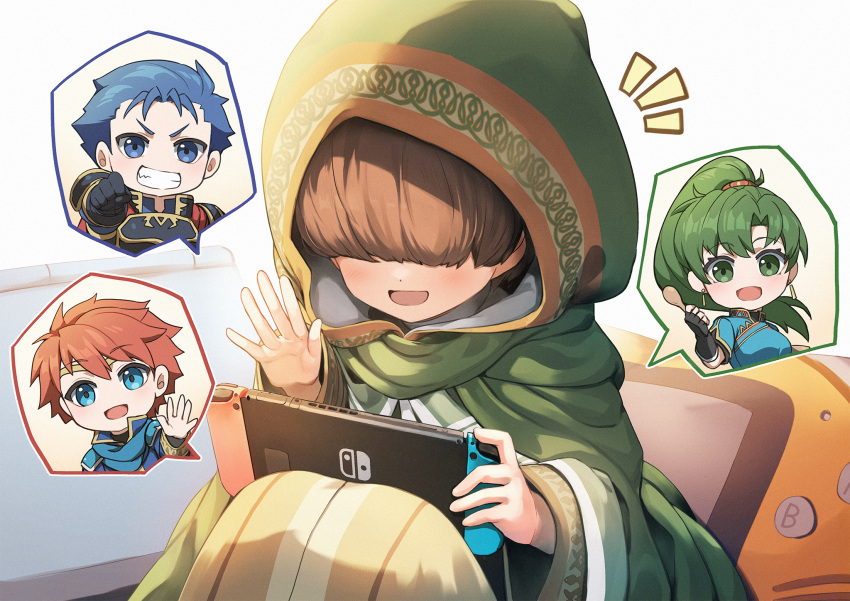 1girl 1other 2boys aged_down armor bean_bag_chair black_gloves blue_cape blue_eyes blue_hair cape cloak eliwood_(fire_emblem) fingerless_gloves fire_emblem fire_emblem:_the_blazing_blade fire_emblem_heroes game_boy_advance gloves green_cloak green_eyes green_hair green_hoodie grin hair_over_eyes handheld_game_console hector_(fire_emblem) highres holding holding_handheld_game_console hood hoodie incoming_fist_bump knees_up lyn_(fire_emblem) mark_(fire_emblem:_the_blazing_blade) multiple_boys nakabayashi_zun nintendo_switch no_eyes open_mouth ponytail red_hair sitting smile speech_bubble v-shaped_eyebrows waving white_background