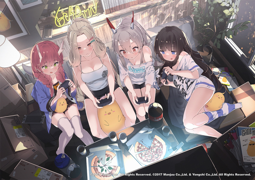 4girls ayanami_(azur_lane) azur_lane bare_shoulders black_hair black_shorts blue_eyes blue_jacket braid breasts brown_hair bunker_hill_(azur_lane) cleavage closed_mouth controller couch dragon_horns food forehead game_controller green_eyes grey_hair hair_between_eyes hoji_(hooooooooji1029) holding holding_controller holding_game_controller horns indoors jacket large_breasts long_hair long_island_(azur_lane) lying manjuu_(azur_lane) multiple_girls official_art on_couch open_clothes open_jacket open_mouth pink_hair pizza ponytail red_eyes ryuujou_(azur_lane) shorts sidelocks single_sock sitting small_breasts socks striped striped_socks thighhighs white_thighhighs