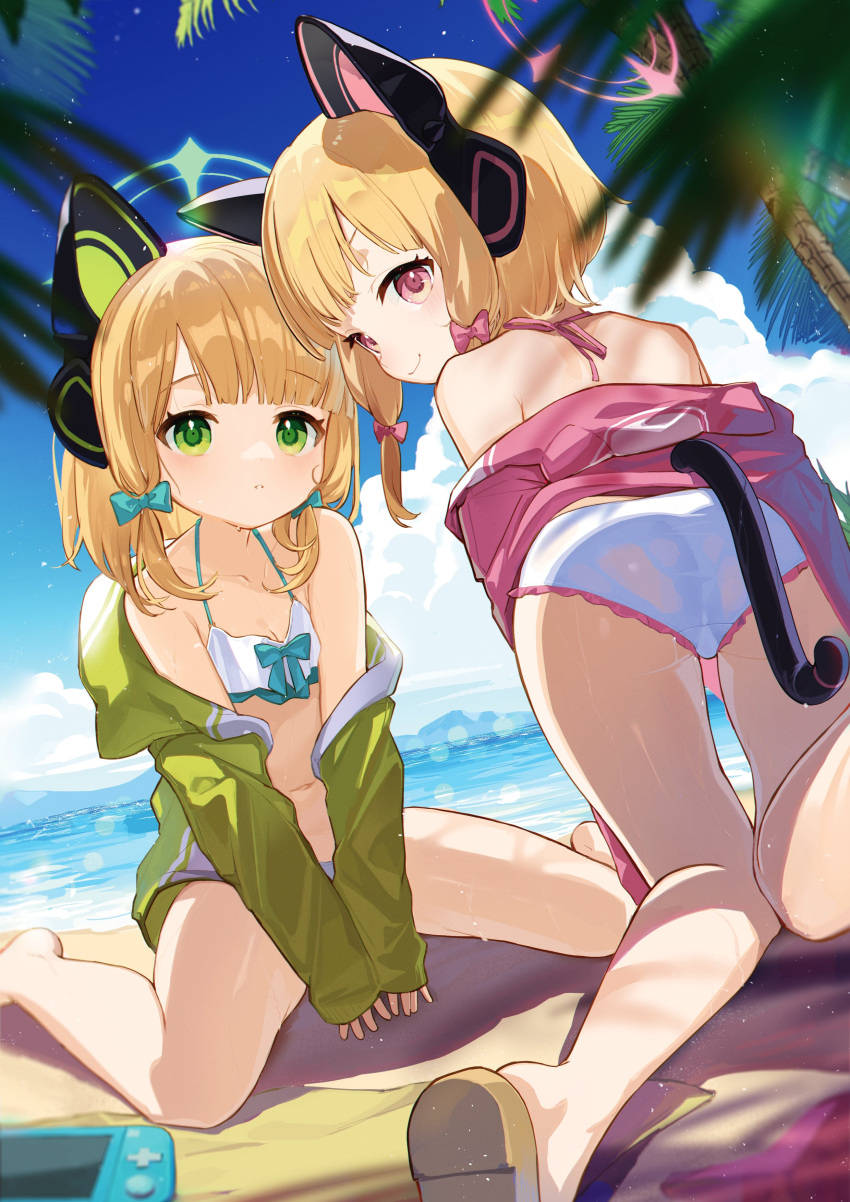 2girls absurdres animal_ear_headphones animal_ears ass barefoot beach between_legs blonde_hair blue_archive blush bow breasts cat_ear_headphones cleavage controller fake_animal_ears fake_tail frills game_controller green_eyes green_halo hair_bow halo hand_between_legs headphones highres jacket kneeling looking_at_viewer looking_back midori_(blue_archive) miebao momoi_(blue_archive) multiple_girls navel nintendo_switch open_clothes open_jacket palm_tree pink_eyes pink_halo sandals short_hair siblings sisters sitting small_breasts smile swimsuit tail thighs tree twins wariza