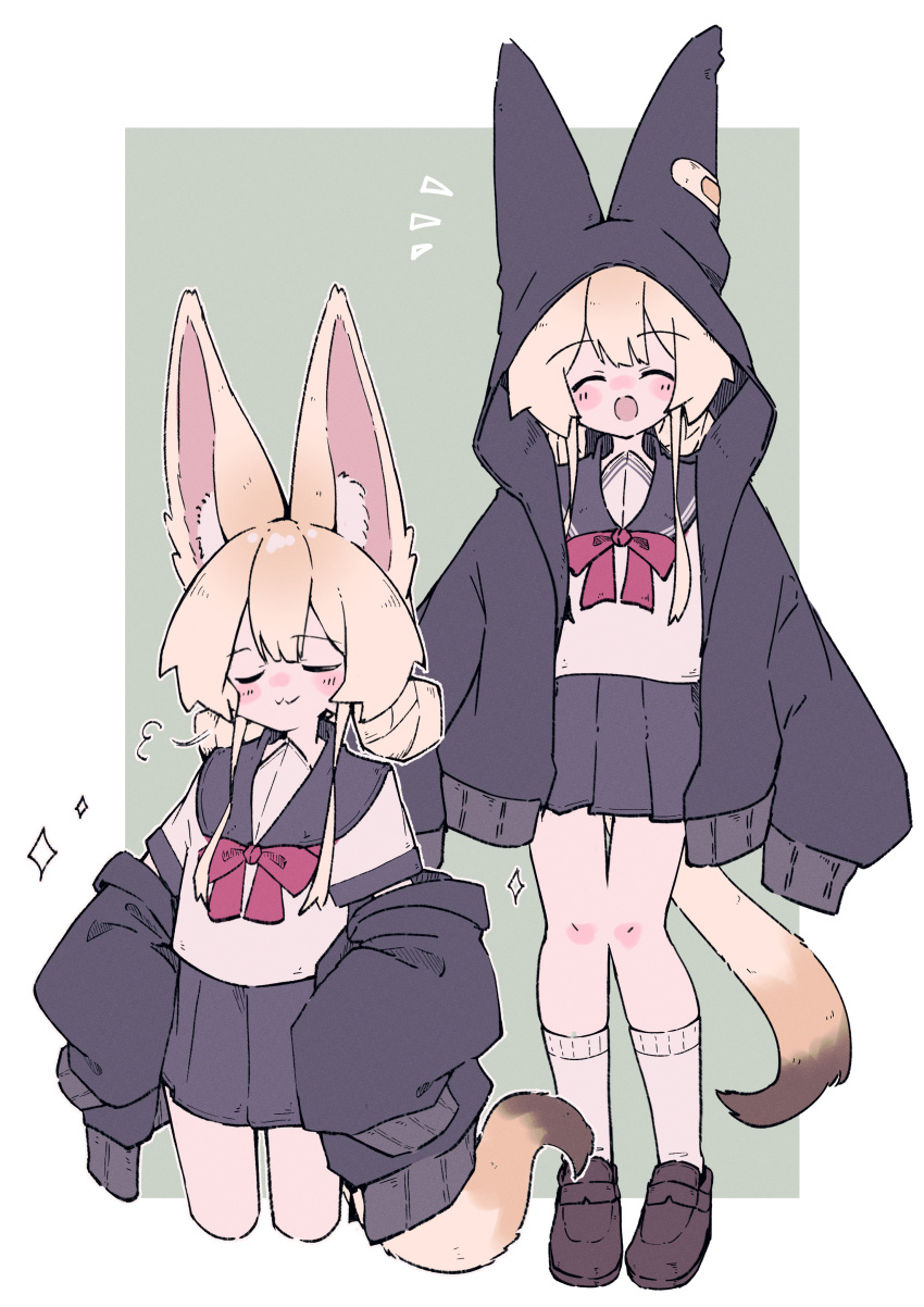 1girl :3 =3 ^_^ absurdres animal_ear_fluff animal_ears bandaid bandaid_on_clothes black_hoodie blonde_hair blush border bow bowtie brown_footwear closed_eyes closed_mouth commentary_request cropped_legs double_bun facing_viewer film_grain fox_ears fox_girl fox_tail full_body green_background grey_sailor_collar grey_skirt hair_bun hands_on_own_hips highres hood hoodie jacket jacket_partially_removed loafers long_sleeves medium_hair megateru multiple_views nose_blush notice_lines open_clothes open_hoodie open_mouth original outside_border pleated_skirt red_bow red_bowtie sailor_collar school_uniform serafuku shirt shoes sidelocks simple_background skirt sleeves_past_fingers sleeves_past_wrists smile smug socks sparkle standing tail white_border white_shirt white_socks