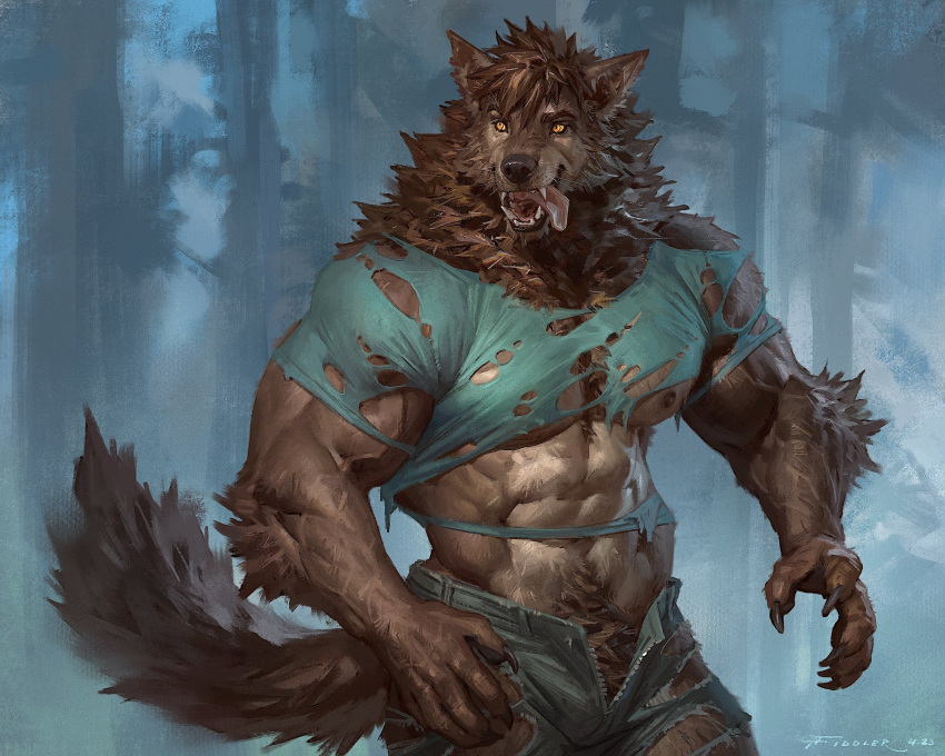 2023 abs after_transformation anthro areola artist_name biceps biped body_hair bottomwear brown_body brown_fur canid canine clothed clothing crotch_tuft digital_media_(artwork) eyebrows fur happy_trail hi_res male mammal muscular muscular_anthro muscular_male muscular_thighs navel nipples open_mouth open_smile pants pecs quads shirt smile solo tail tan_body tan_fur taran_fiddler teeth thick_thighs tongue tongue_out topwear torn_bottomwear torn_clothing torn_pants torn_shirt torn_topwear tuft vein veiny_muscles were werecanid werecanine werewolf whiskers