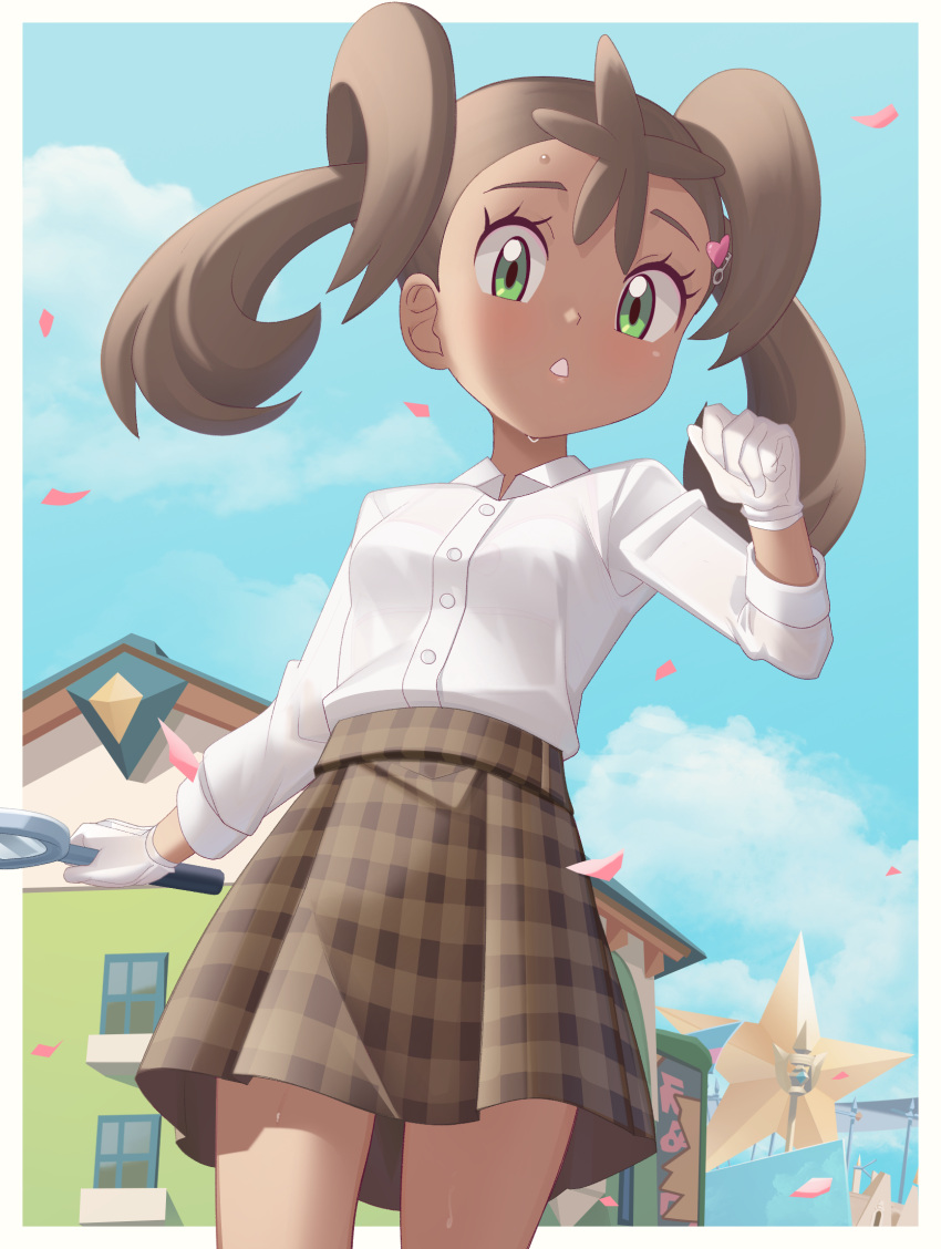 1girl border brown_hair brown_skirt building buttons cloud collared_shirt commentary_request confetti day eyelashes gazing_eye gloves green_eyes hair_ornament hand_up heart heart_hair_ornament highres holding holding_magnifying_glass key_hair_ornament looking_at_viewer looking_down magnifying_glass no_jacket official_alternate_costume outdoors parted_lips plaid plaid_skirt pokemon pokemon_(game) pokemon_masters_ex shauna_(pokemon) shauna_(special_costume)_(pokemon) shirt skirt sky sleeves_rolled_up solo teetth twintails white_border white_gloves white_shirt