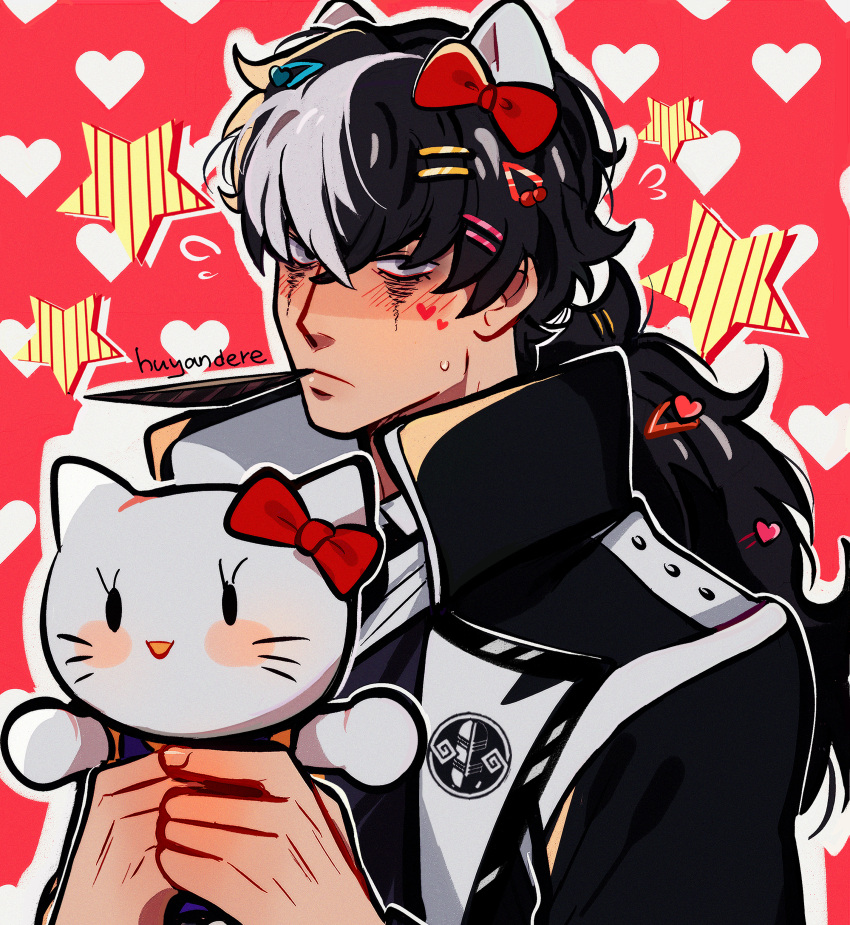 1boy absurdres ace_attorney animal_ears artist_name black_hair black_jacket blush bow cat_ears closed_mouth collared_jacket collared_shirt feather_in_mouth grey_eyes hair_bow heart heart_background heart_hair heart_on_cheek hello_kitty_(character) high_collar highres holding holding_stuffed_toy huyandere jacket long_hair looking_at_viewer low_ponytail male_focus multicolored_hair portrait red_background red_bow runny_makeup shirt simon_blackquill solo star_(symbol) stuffed_animal stuffed_cat stuffed_toy sweat too_many_hairclips two-tone_hair very_long_hair white_hair