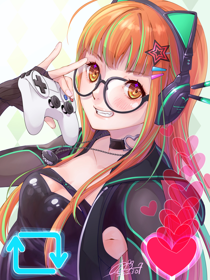 1girl alternate_costume animal_ear_headphones animal_ears armpit_cutout black_choker blush breasts cat_ear_headphones choker cleavage clothing_cutout controller fake_animal_ears fangs fingerless_gloves game_controller glasses gloves grin hair_ornament headphones highres holding holding_controller holding_game_controller hololive jewelry like_and_retweet long_hair looking_at_viewer multicolored_hair orange_hair pendant persona persona_5 qoo1234 sakura_futaba signature small_breasts smile solo star_(symbol) star_hair_ornament streaked_hair teeth upper_body yellow_eyes