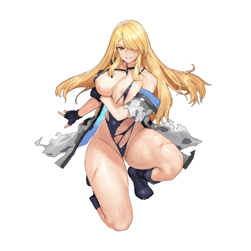 1girl angry areola_slip arm_under_breasts black_choker blonde_hair blue_footwear blue_gloves blue_one-piece_swimsuit boots breasts camouflage camouflage_jacket choker cleavage clenched_teeth collarbone covered_nipples defeat fingerless_gloves full_body game_cg gloves hair_over_one_eye hand_on_own_arm high_heel_boots high_heels highleg highleg_swimsuit highres indomitable_marie injury jacket large_breasts last_origin long_hair looking_at_viewer military_jacket multi-strapped_swimsuit official_alternate_costume official_art on_one_knee one-piece_swimsuit open_clothes open_jacket open_mouth partially_visible_vulva rubber_boots sidelocks simple_background skindentation solo sweat swimsuit swimsuit_under_clothes tachi-e teeth thick_thighs thighs torn_clothes torn_jacket torn_straps torn_swimsuit transparent_background tunamayo_(dsasd751) wedgie white_jacket yellow_eyes