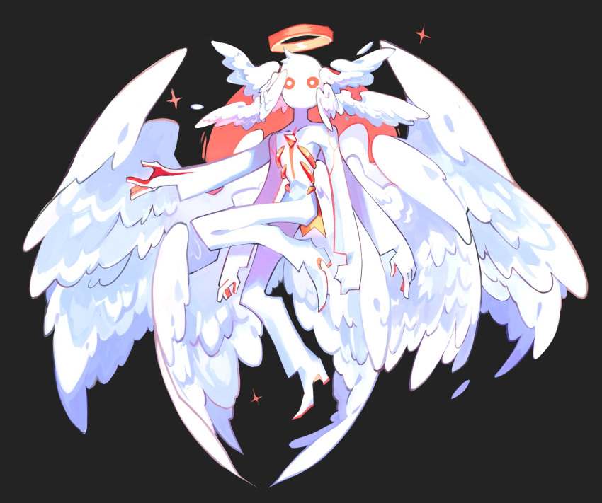 1other ambiguous_gender angel black_background collarbone colored_skin feathered_wings firebay full_body halo high_heels highres long_sleeves looking_at_viewer multiple_wings original red_background red_skin solo sparkle white_footwear white_skin wings