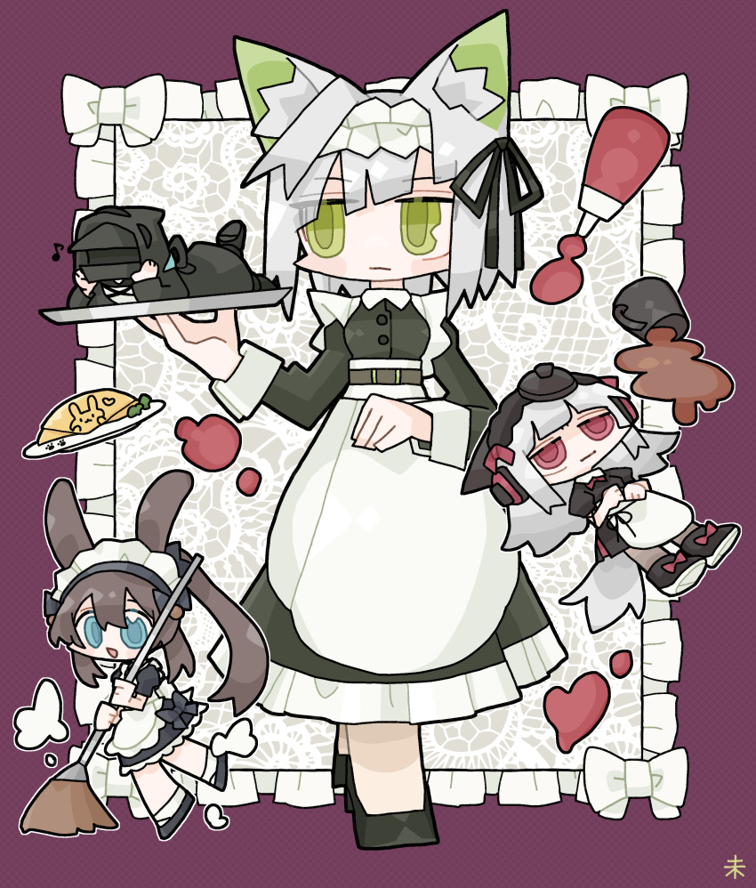 1other 3girls :| absurdres alternate_costume ambiguous_gender amiya_(arknights) animal_ear_fluff animal_ears apron arknights black_coat black_dress blue_eyes blush_stickers border broom brown_hair buttons cat_ears cat_girl chibi chibi_inset closed_mouth coat coffee covered_face doctor_(arknights) dress ear_covers enmaided food frilled_dress frills frostleaf_(arknights) full_body green_eyes grey_hair grey_pantyhose half-closed_eyes handkerchief head_rest headphones helmet highres holding holding_broom holding_tray hood hood_up hooded_coat juliet_sleeves kal'tsit_(arknights) kdmr0402 ketchup lace_background long_hair long_sleeves looking_at_another looking_to_the_side lying maid maid_day maid_headdress mini_person multiple_girls musical_note omelet on_stomach open_mouth outline pantyhose ponytail puffy_short_sleeves puffy_sleeves purple_border rabbit_girl red_eyes short_hair short_sleeves signature sleeve_cuffs smile spill sweeping tail the_pose tray underbust waist_apron white_outline wolf_ears wolf_girl wolf_tail