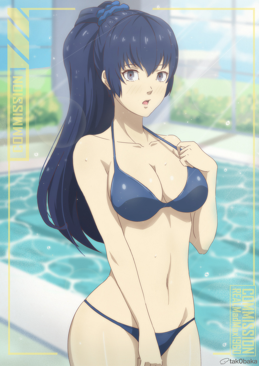 1girl absurdres alternate_hair_length alternate_hairstyle artist_name bikini blue_bikini blue_eyes blue_hair blue_scrunchie blush breasts cleavage commentary commentary_request commission hair_ornament hair_scrunchie halterneck highres large_breasts light_rays long_hair looking_at_viewer midriff open_mouth persona persona_4 persona_x_detective ponytail pool scrunchie shirogane_naoto solo swimsuit tak0baka very_long_hair window