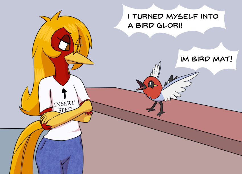 adult_swim anthro avian beak bird bottomwear cartoon_network chrysolophus clothing denim denim_clothing feathers fletchling galliform generation_6_pokemon glori_gamebird golden_pheasant hair hi_res jeans long_hair long_tail matachu matachu_(character) nintendo pants phasianid pokemon pokemon_(species) red_body red_feathers rick_and_morty shirt tail text text_on_clothing text_on_shirt text_on_topwear topwear yellow_beak yellow_body yellow_feathers