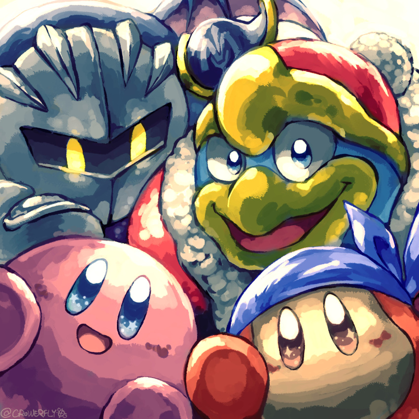 armor bandana bandana_waddle_dee bat_wings blue_bandana blue_eyes crowerfly highres king_dedede kirby kirby's_return_to_dream_land kirby_(series) looking_at_viewer mask meta_knight no_humans pauldrons pom_pom_(clothes) shoulder_armor smile solid_oval_eyes star_(symbol) twitter_username wings yellow_eyes