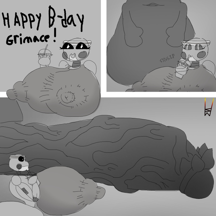 amphibian animatronic anthro beverage big_breasts breasts clothed clothing comic_panel duo female frog genitals greyscale grimace_(mcdonald's) grimace_birthday_shake hi_res huge_breasts hyper hyper_breasts hyper_genitalia imminent_rape looking_at_viewer machine makeup male male/female mascara milkshake monochrome nipple_outline penis penis_on_shoulder presenting presenting_penis robot shocked shocked_expression simple_background something_wicked_(artist) spiked_penis spikes spikes_(anatomy) stretched_clothing surprise surprised_expression sweatband text vein veiny_penis