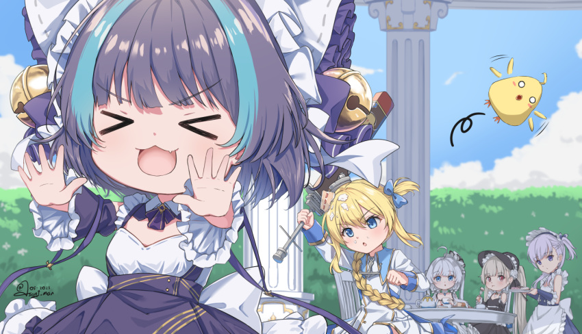&gt;_&lt; 5girls absurdly_long_hair ahoge anchor_necklace animal_ears apron artist_name as4gi azur_lane bell bird black_dress black_headwear blonde_hair blue_bow blue_dress blue_eyes blue_sky bow braid chair chick closed_eyes cloud coat_dress column cup day detached_sleeves dress english_commentary fake_animal_ears flat_chest fleeing french_braid frilled_dress frills grey_hair hair_bell hair_bow hair_ornament holding holding_sword holding_weapon jewelry lace-trimmed_headwear lace_trim light_purple_hair little_bel_(azur_lane) little_cheshire_(azur_lane) little_formidable_(azur_lane) little_illustrious_(azur_lane) little_renown_(azur_lane) long_hair long_ribbon long_sleeves looking_at_another maid maid_headdress manjuu_(azur_lane) multicolored_hair multiple_girls necklace open_mouth outdoors pillar purple_apron purple_eyes purple_hair red_eyes running short_hair signature sitting sky streaked_hair sword table tea_party teacup twintails two-tone_dress two-tone_hair very_long_hair waist_apron weapon white_apron white_dress white_hair