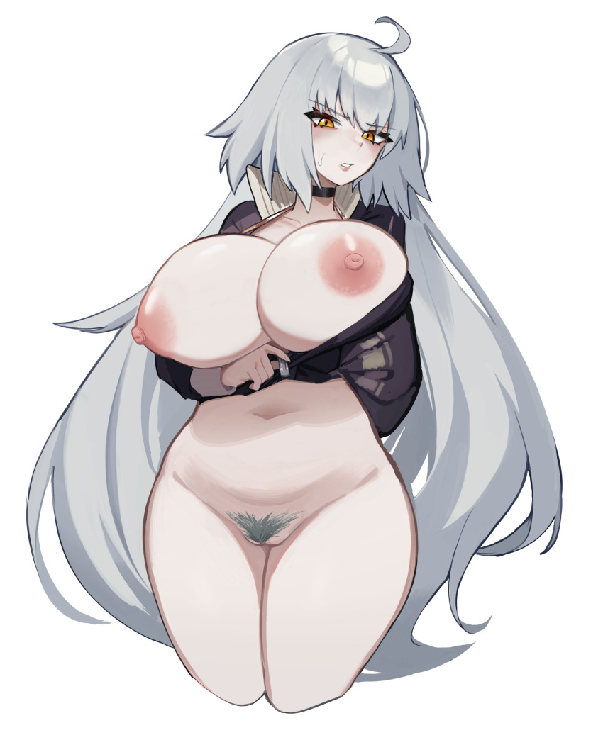 1girl ahoge arm_under_breasts black_choker blush breasts choker cleavage collarbone cropped_jacket fate/grand_order fate_(series) female_pubic_hair grey_hair highres huge_breasts jacket jeanne_d'arc_alter_(fate) large_breasts long_hair long_sleeves looking_at_viewer navel nipples no_panties open_clothes open_jacket orange_eyes parted_lips partially_unzipped plump psidubs pubic_hair pulled_by_self simple_background solo stomach thick_thighs thighs unzipped unzipping very_long_hair white_background zipper zipper_pull_tab