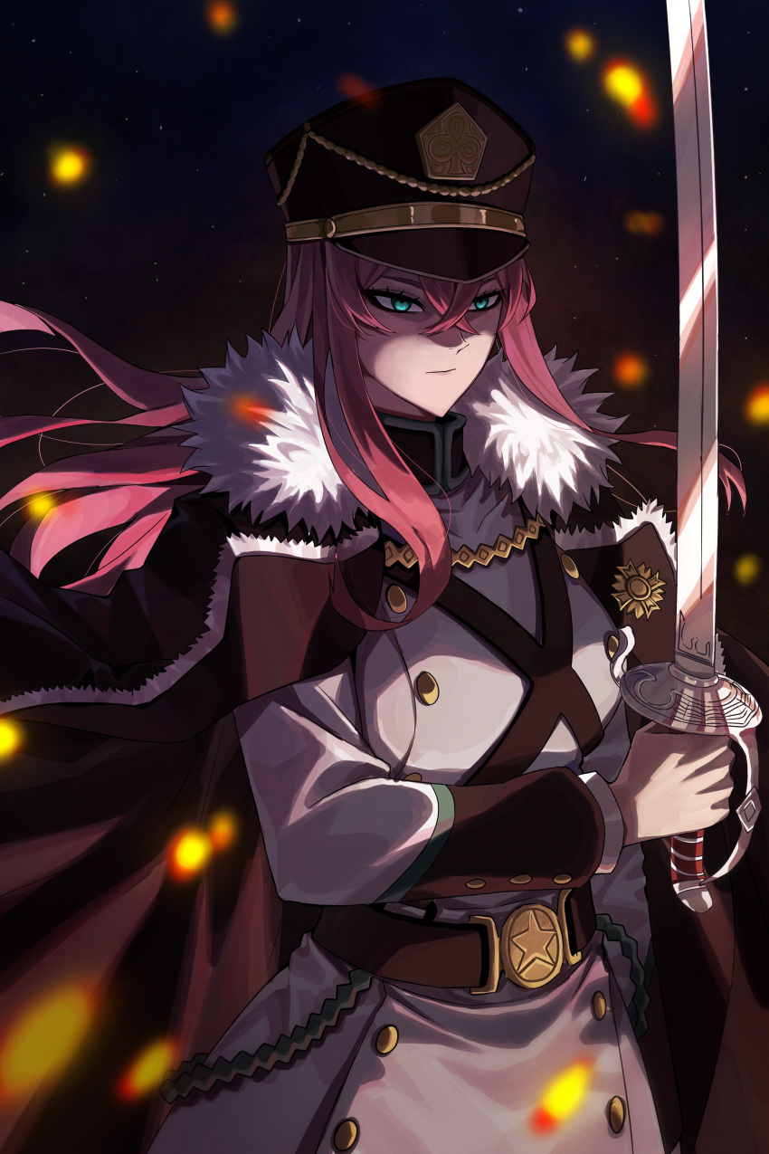 1girl absurdres black_capelet black_clover black_clover:_sword_of_the_wizard_king capelet closed_mouth crossed_bangs embers fur-trimmed_capelet fur_trim green_eyes grey_jacket hair_between_eyes hat highres holding holding_sword holding_weapon jacket long_hair military_hat military_uniform pink_hair prayudi555 princia_funnybunny serious solo sword uniform weapon