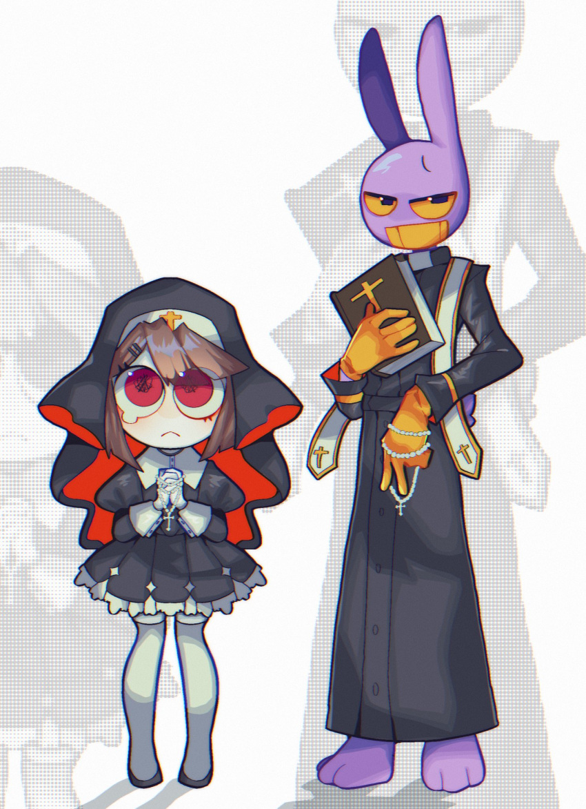 1boy 1girl alternate_costume bible_(object) black_eyes book brown_hair clenched_teeth colored_sclera commentary gloves height_difference highres holding holding_book jax_(the_amazing_digital_circus) jewelry maplemersh26 necklace nun own_hands_together pomni_(the_amazing_digital_circus) priest red_eyes short_hair symbol-only_commentary teardrop teeth the_amazing_digital_circus thighhighs white_thighhighs yellow_gloves yellow_sclera