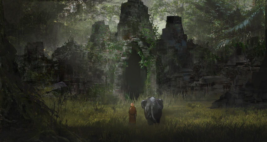 1other bald commentary_request day elephant field from_behind grass haru_akira jungle monk moss nature orange_robe original outdoors robe ruins scenery standing wide_shot