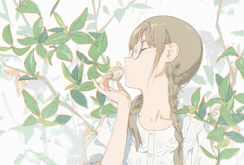 1girl braid branch closed_mouth commentary earrings facing_to_the_side glasses hand_up jewelry leaf light_brown_hair mole mole_under_eye original profile shirt sidelocks solo twin_braids upper_body white_shirt yuyin_(uzrv7533)