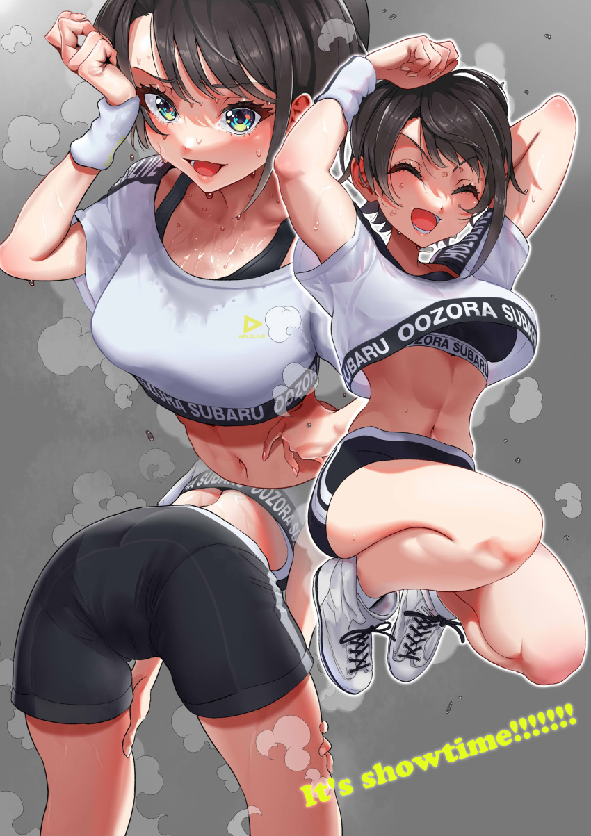 1girl absurdres ass bent_over black_hair black_shorts black_sports_bra blue_eyes breasts cameltoe character_name clothes_writing commentary_request cropped_shirt english_text grey_background highres hololive hololive_dance_practice_uniform kilesha looking_at_viewer medium_breasts midriff multiple_views navel official_alternate_costume oozora_subaru open_mouth shirt shoes short_hair short_shorts shorts sneakers sports_bra steaming_body sweat t-shirt thighs virtual_youtuber white_footwear white_shirt white_wristband wiping_sweat