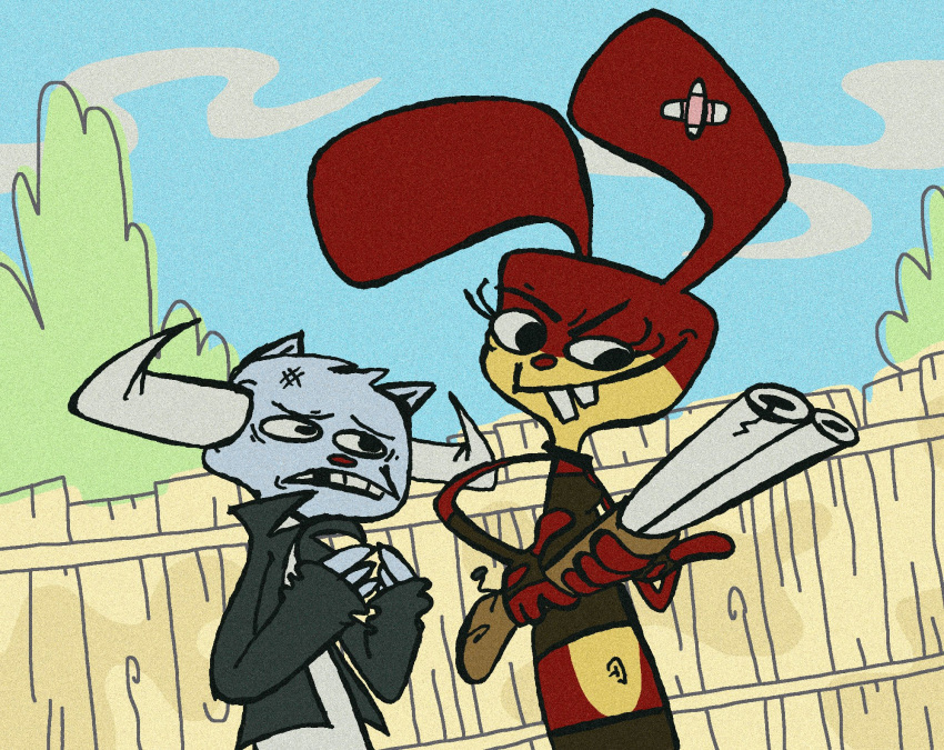 anthro axel_(rexon02) buckteeth cartoon_network clothed clothing dott_(rexon02) duo ed_edd_n_eddy female fence fingerless_gloves gloves gun handwear hi_res horn lagomorph leporid male mammal rabbit ranged_weapon red_body rexon02 shotgun style_emulation style_parody teeth weapon wooden_fence