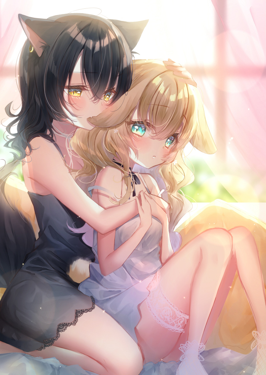 2girls absurdres animal_ear_fluff animal_ears biting black_hair black_nightgown black_ribbon blonde_hair blue_eyes blush commentary_request ear_biting ear_piercing fang feet_out_of_frame fox_ears fox_girl fox_tail hair_between_eyes hand_on_another's_head highres hug hug_from_behind lace lace-trimmed_nightgown light_particles long_hair looking_at_viewer multiple_girls neck_ribbon nightgown original parted_lips piercing rabbit_ears rabbit_girl rabbit_tail ribbon skin_fang spaghetti_strap strap_slip tail thigh_strap touki_matsuri white_ribbon yellow_eyes yuri