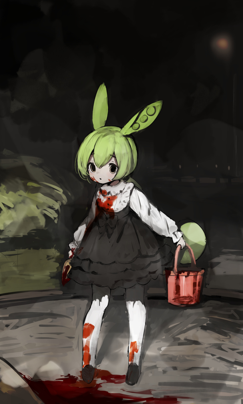 1girl absurdres black_bow black_footwear blood blood_on_clothes blood_on_ground bow bucket commission commissioner_upload dark_background dress dress_bow frilled_dress frills green_hair hair_between_eyes highres holding holding_bucket holding_shovel looking_at_viewer night orange_eyes outdoors pantyhose pixiv_commission shirokujira shovel solo tree voicevox white_pantyhose zundamon