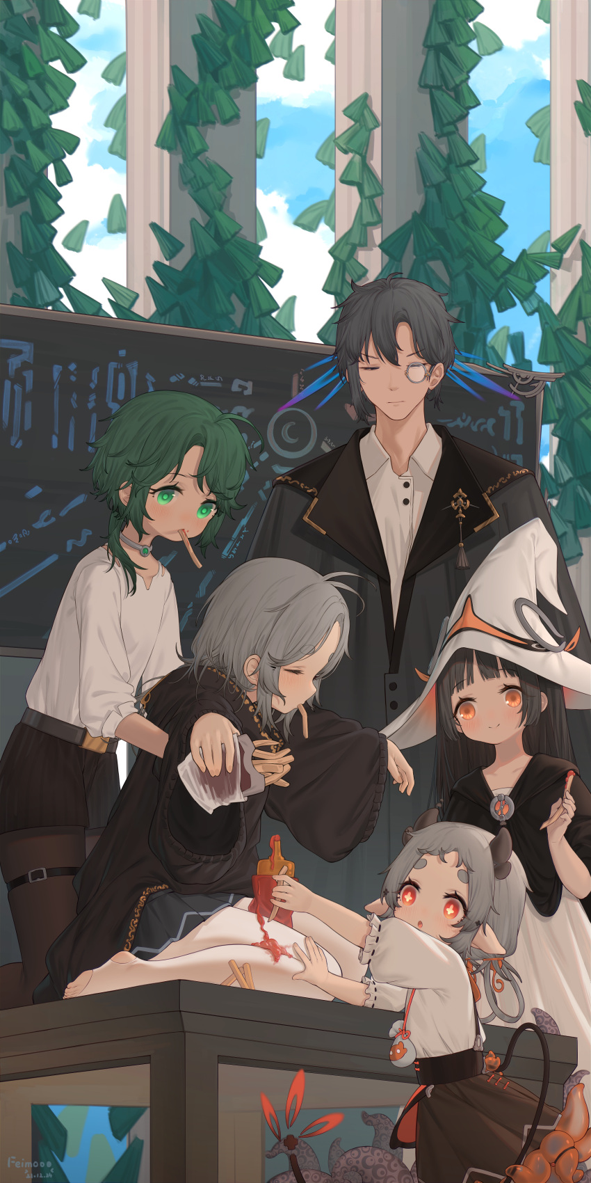 +_+ 2boys 3girls :o absurdres animal_ears antenna_hair artist_name black_hair blue_sky closed_eyes dated day eating food food_in_mouth food_on_clothes french_fries green_eyes green_hair grey_hair hat highres horns ketchup koebushi_(mat) long_sleeves looking_at_another monocle monster_girl multiple_boys multiple_girls orange_eyes original outdoors pantyhose pantyhose_under_shorts red_eyes shorts sitting sky smile stirrup_legwear tentacles toeless_legwear white_pantyhose witch_hat