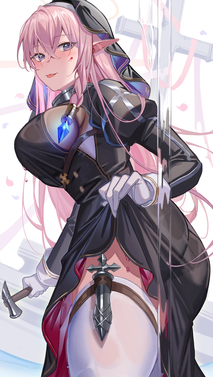 1girl :p absurdres amahara_subaru black_headwear blush breasts commentary_request cross crossed_bangs dagger from_side gloves highres holding knife large_breasts latin_cross long_hair long_sleeves looking_at_viewer looking_to_the_side nun original parted_lips pink_hair pointy_ears purple_eyes solo thighhighs thighs tongue tongue_out weapon white_gloves white_thighhighs