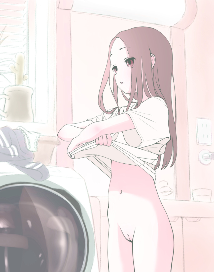 1girl bottomless brown_eyes brown_hair cactus cleft_of_venus clothes_lift clothes_removed cowboy_shot expressionless forehead from_side grabbing highres indoors karakai_jouzu_no_takagi-san lifted_by_self long_hair looking_ahead navel panties parted_bangs parted_lips plant potted_plant pussy setsuden shirt shirt_lift short_sleeves sketch solo standing stomach straight_hair t-shirt takagi-san underwear undressing washing_machine white_shirt