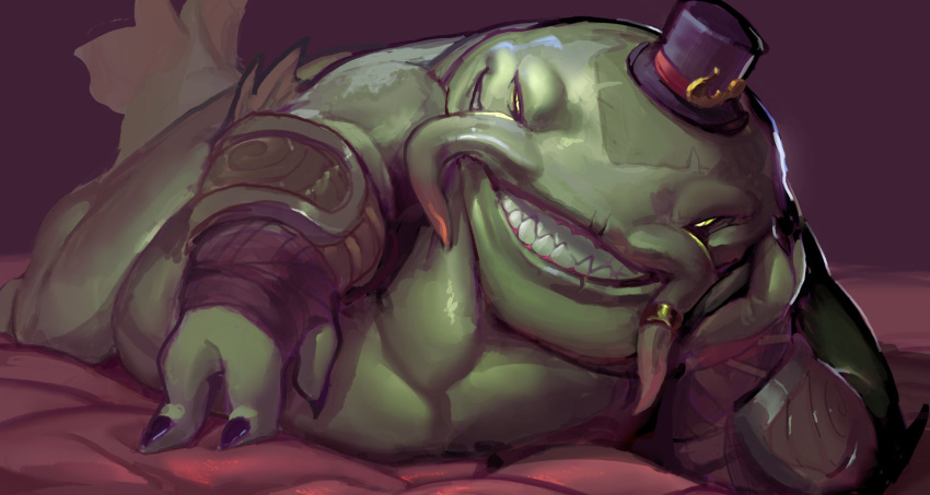 2023 3_fingers anthro catfish claws clothing colored demon elbow_fin fin fin_frill fingerless_gloves fingers fish frill_(anatomy) gloves green_body green_nipples green_scales hand_on_head handwear hi_res league_of_legends lying male marine nipples nude on_side overweight overweight_male raylor_7 riot_games scales solo tahm_kench_(lol) tail tail_fin toothy_grin top_hat_only whiskers