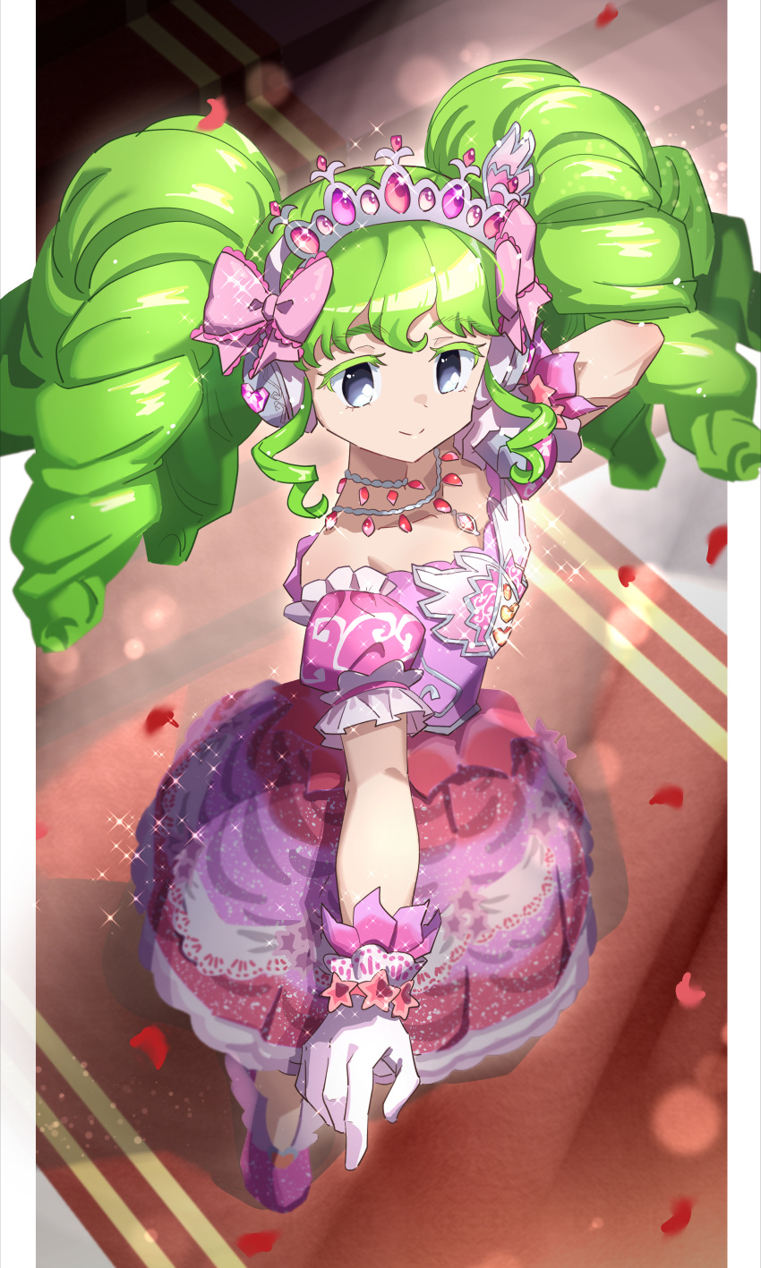1girl absurdres anisakisu bow closed_mouth colored_eyelashes commentary_request dress falling_petals falulu frilled_dress frills from_above full_body gloves green_hair grey_eyes hair_bow hand_up headphones highres idol idol_clothes jewelry long_hair necklace outstretched_arm petals pink_bow pink_dress pretty_series pripara puffy_short_sleeves puffy_sleeves rose_petals short_sleeves sidelocks smile solo sparkle standing tiara twintails white_gloves