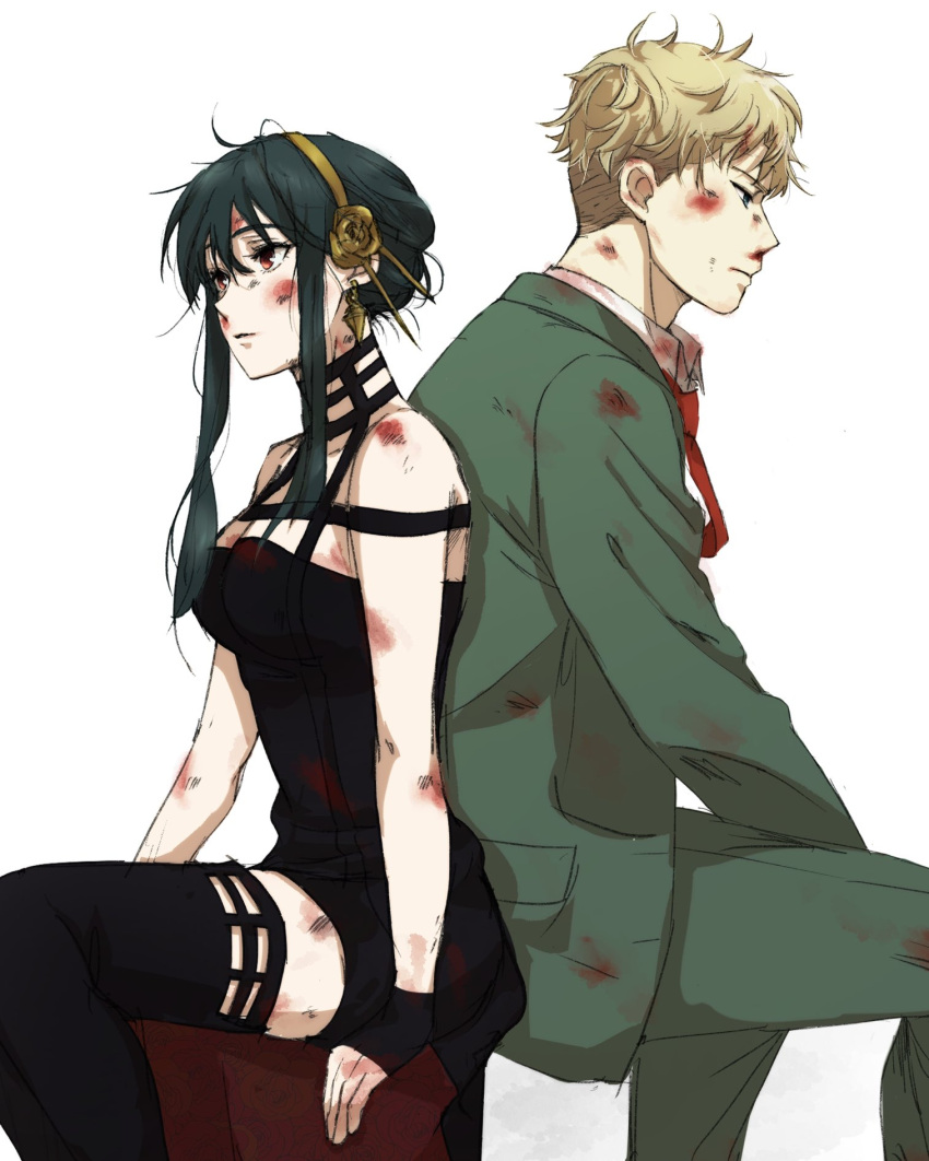 1boy 1girl black_hair bleeding blonde_hair blood blood_on_clothes blood_on_face blood_on_hands blue_eyes breasts bruise bruise_on_face cuts dirty dirty_clothes dress earrings formal gold_earrings gold_hairband green_suit hairband hetero highres husband_and_wife injury jewelry long_hair long_sleeves red_eyes red_tie scratches shirt short_hair sidelocks simple_background spy_x_family suit tama_._kogifu twilight_(spy_x_family) two-sided_dress two-sided_fabric yor_briar