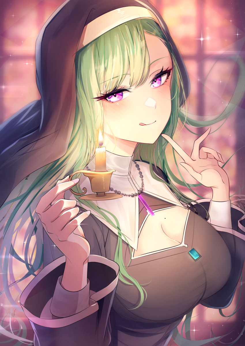1girl :q absurdres alternate_costume bead_necklace beads breasts candle candlestand cleavage cleavage_cutout clothing_cutout collar gem green_hair habit highres holding holding_candle index_finger_raised jewelry kiiro_(cocoa080) large_breasts long_hair long_sleeves looking_at_viewer mole mole_on_breast necklace night nun purple_eyes seductive_smile smile solo sparkle swept_bangs tongue tongue_out very_long_hair virtual_youtuber vspo! white_collar wide_sleeves window yakumo_beni