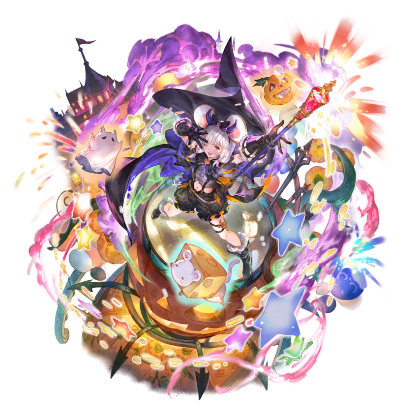 1girl animal_ears black_cape black_gloves black_shirt black_shorts blush boots cape fake_animal_ears fake_horns frilled_gloves frilled_shirt frilled_shorts frills gloves granblue_fantasy hair_ornament halloween holding holding_scepter horns jack-o'-lantern looking_at_viewer midriff minaba_hideo mouse mouse_ears navel one_eye_closed open_mouth puffy_short_sleeves puffy_sleeves red_eyes scepter shirt short_sleeves shorts solo suspenders vikala_(granblue_fantasy)