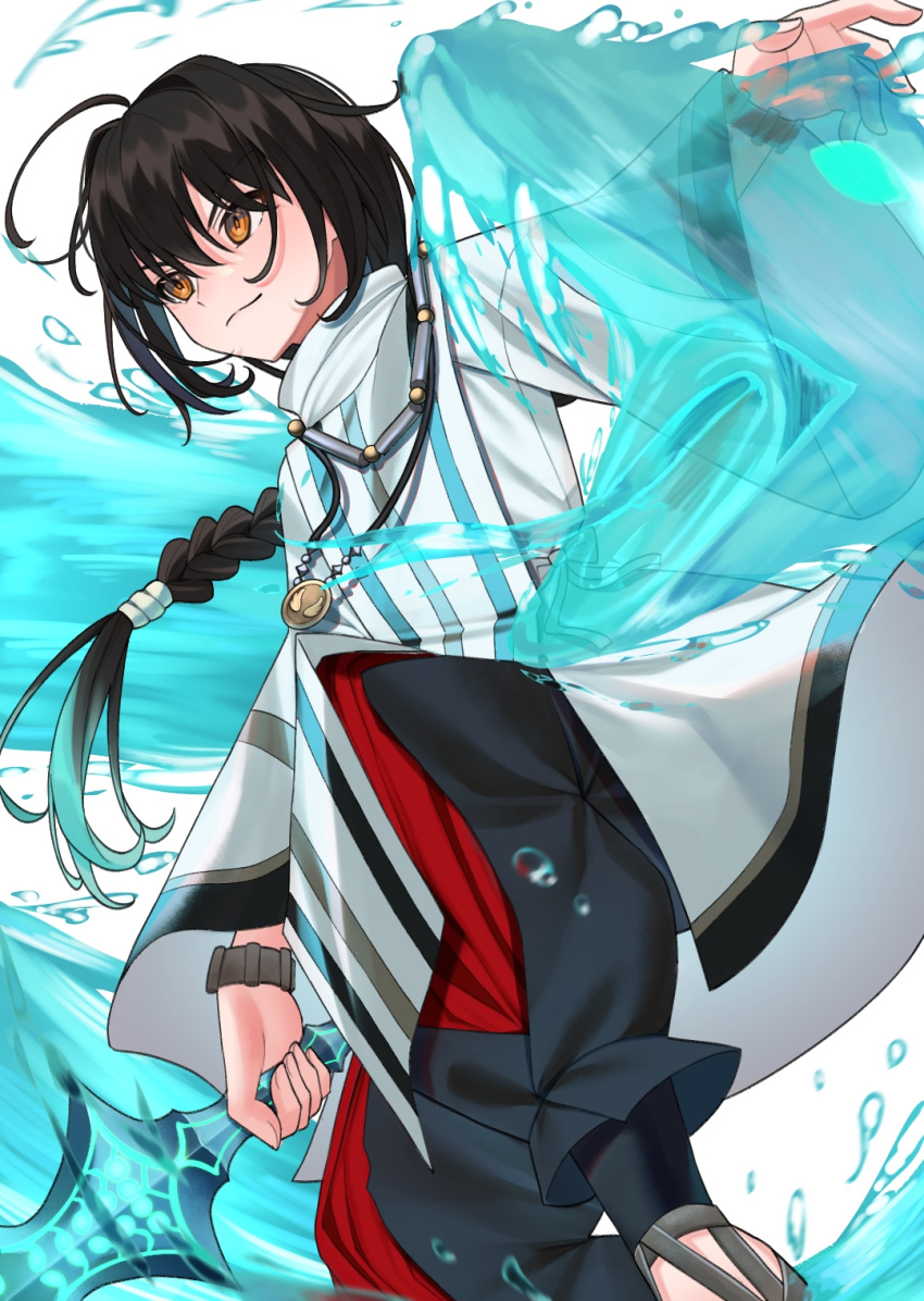 1other ahoge androgynous black_hair black_pants braid braided_ponytail brown_eyes closed_mouth fate/samurai_remnant fate_(series) gradient_hair highres holding holding_sword holding_weapon japanese_clothes jewelry long_hair multicolored_hair necklace pants ponytail saber_(fate/samurai_remnant) shirt simple_background solo sword user_vjdv7335 water water_drop weapon white_background white_hair white_shirt