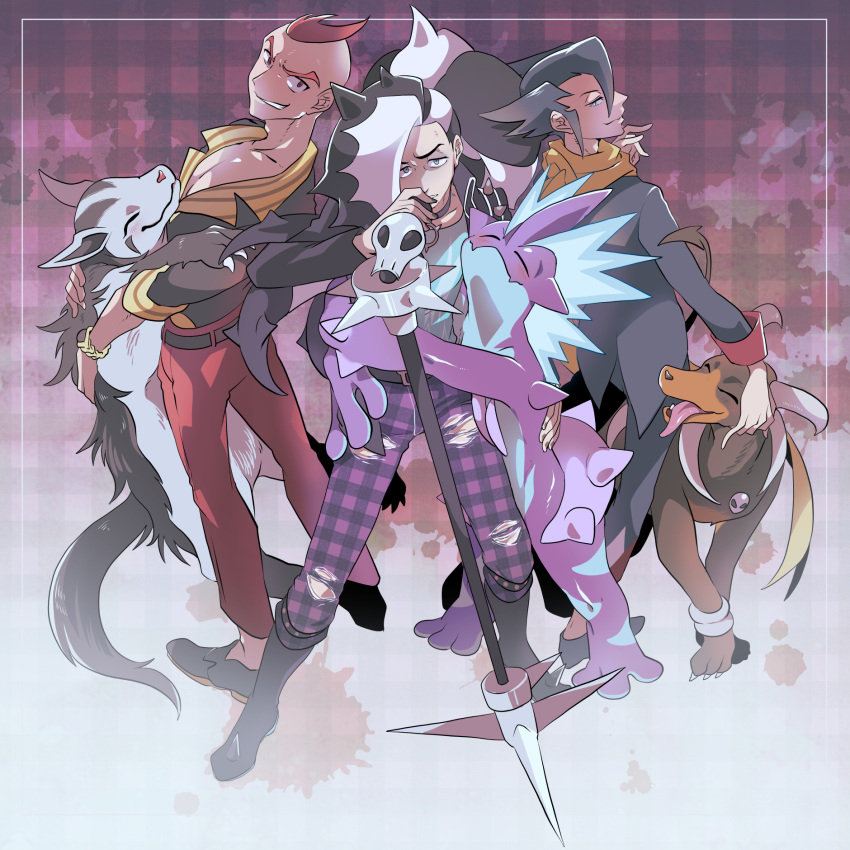 3boys belt black_hair black_jacket blue_eyes blue_shirt closed_eyes collarbone collared_shirt eyeshadow full_body grimsley_(pokemon) highres horns houndoom hug jacket looking_at_viewer makeup male_focus maruboku microphone_stand mightyena multicolored_hair multiple_boys official_alternate_costume pants pendant_choker piers_(pokemon) piers_(sygna_suit)_(pokemon) plaid plaid_pants pokemon pokemon_(creature) pokemon_(game) pokemon_bw pokemon_masters_ex pokemon_oras red_hair scarf shirt sidney_(pokemon) smirk standing torn_clothes torn_pants toxtricity toxtricity_(low_key) two-tone_hair yellow_scarf