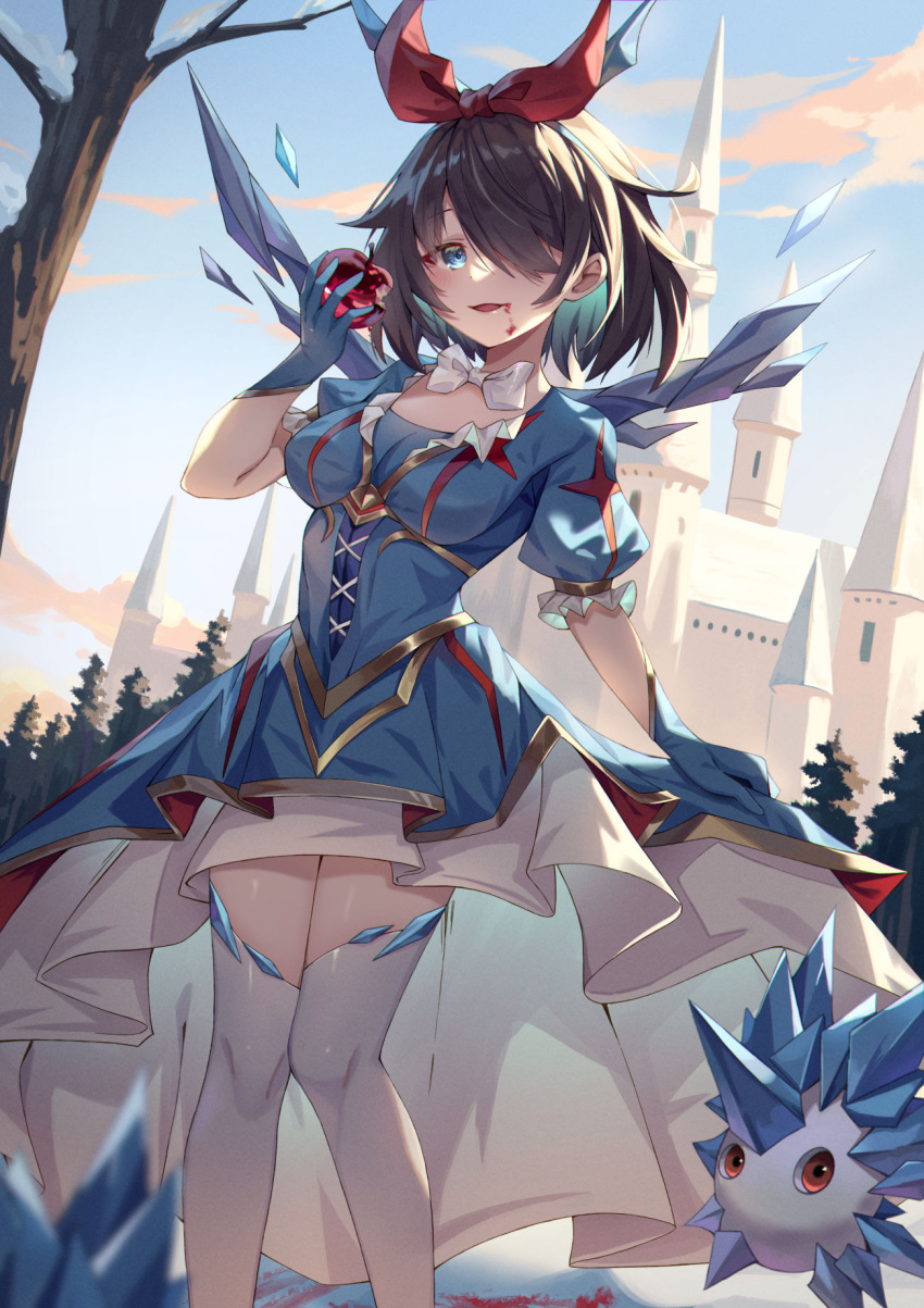 1girl black_hair blue_dress blue_eyes blue_gloves bow bowtie calder_(pixiv3698273) castle cloud commentary dark_tales dress feet_out_of_frame food fruit gloves hair_over_one_eye hair_ribbon hand_up highres holding holding_food holding_fruit looking_at_viewer one_eye_covered outdoors puffy_sleeves red_ribbon ribbon shiroyuki_yuri short_hair skirt_hold solo standing thighhighs tree white_bow white_bowtie white_thighhighs