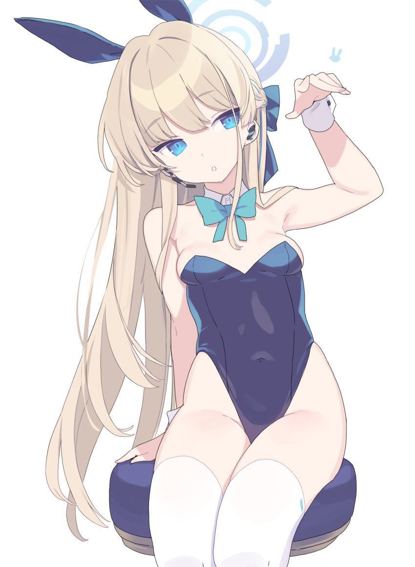1girl :o animal_ears blade_(galaxist) blonde_hair blue_archive blue_bow blue_eyes blue_hair blue_leotard blunt_bangs bow commentary cropped_legs detached_collar earphones hair_bow halo highleg highleg_leotard highres leotard long_hair looking_to_the_side multicolored_hair official_alternate_costume rabbit_ears romaji_commentary sidelocks sitting stool thighhighs toki_(blue_archive) toki_(bunny)_(blue_archive) white_background white_thighhighs wrist_cuffs