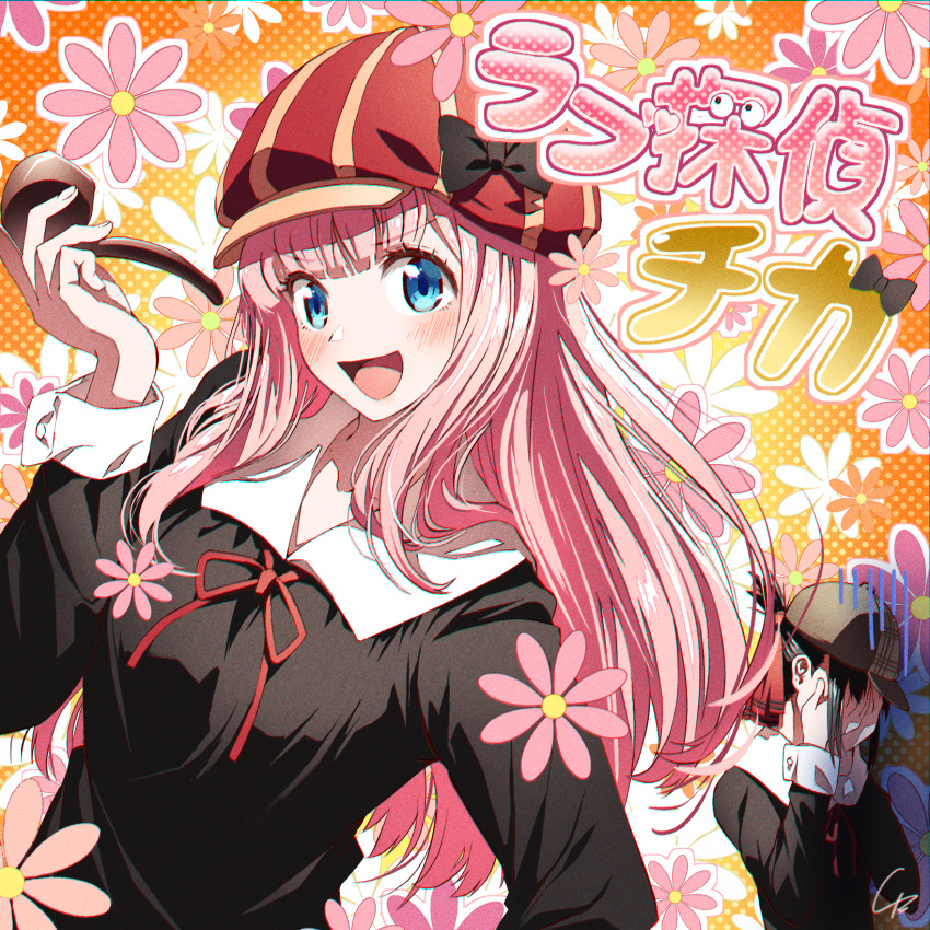 2girls 4b-enpitsu :d black_dress black_hair blue_eyes blunt_bangs blush brown_headwear cabbie_hat commentary_request double_facepalm dress facepalm flower fujiwara_chika gloom_(expression) hat highres holding holding_smoking_pipe kaguya-sama_wa_kokurasetai_~tensai-tachi_no_renai_zunousen~ long_hair long_sleeves looking_at_viewer multiple_girls open_mouth pink_flower pink_hair red_headwear red_ribbon ribbon school_uniform shinomiya_kaguya shuuchiin_academy_school_uniform signature smile smoking_pipe solo_focus translated