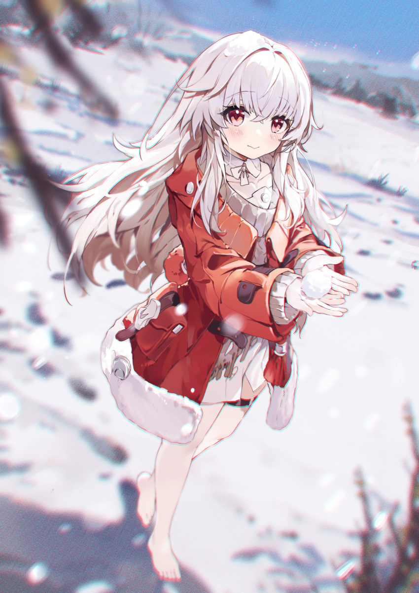 1girl barefoot blush clara_(honkai:_star_rail) closed_mouth coat collar coria day detached_collar full_body fur-trimmed_coat fur_trim grey_hair highres holding_snowball honkai:_star_rail honkai_(series) long_hair long_sleeves looking_at_viewer no_pants open_clothes open_coat outdoors red_coat red_eyes shirt smile snow solo thigh_strap walking white_shirt winter winter_clothes winter_coat