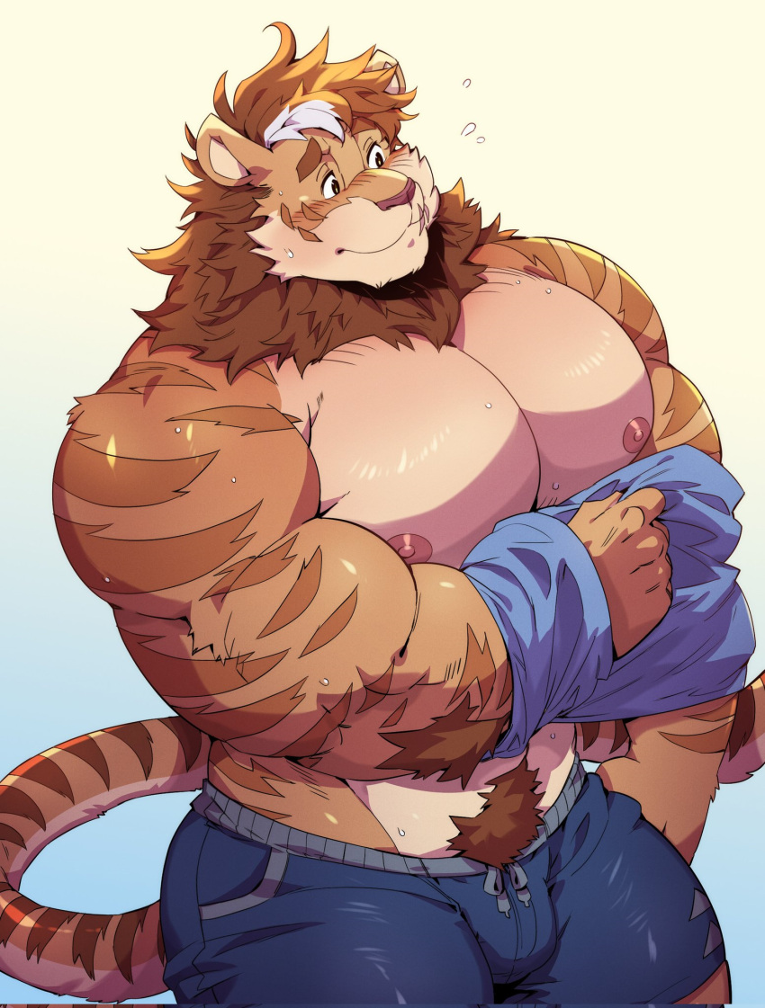 anthro big_muscles big_pecs bodily_fluids bottomwear brown_hair clothing felid fur hair hi_res kokuhane male mammal muscular muscular_anthro muscular_male nipples pantherine pecs shorts simple_background solo striped_body striped_fur stripes sweat tiger undressing