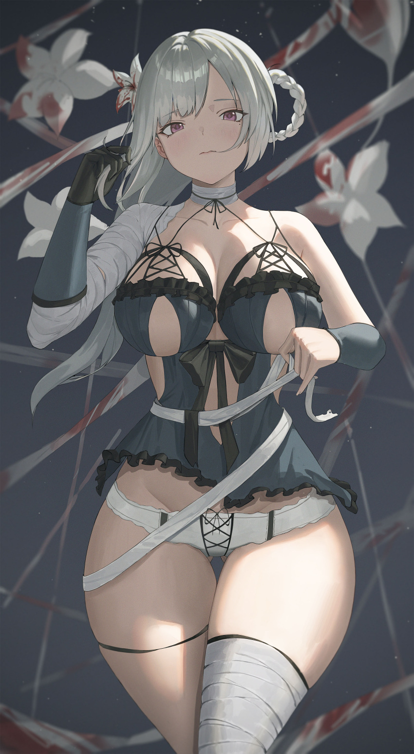 1girl absurdres ass_visible_through_thighs bandaged_arm bandaged_leg bandaged_neck bandages black_c black_gloves black_ribbon blood_on_flower blurry blurry_background blush breasts cleavage closed_mouth facing_viewer flower gloves grey_hair hair_down highres kaine_(nier) large_breasts light_particles lingerie long_hair looking_at_viewer nier nier_(series) panties pink_eyes revealing_clothes ribbon sidelighting standing thigh_gap thighs underwear white_flower white_panties