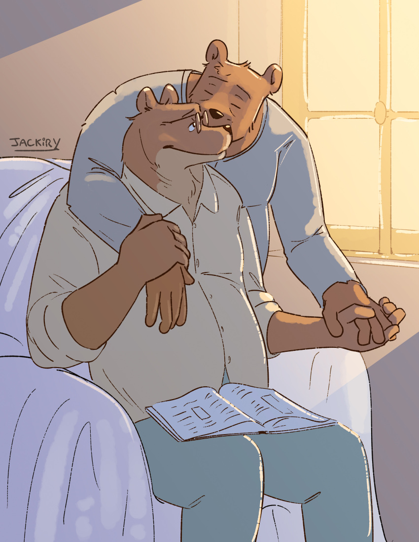 2023 absurd_res anthro bear bolero_(ernest_and_celestine) book brown_body duo ernest_(ernest_and_celestine) ernest_and_celestine eyes_closed eyewear glasses hand_holding hi_res humanoid_hands jackiry kissing male male/male mammal overweight overweight_male sitting