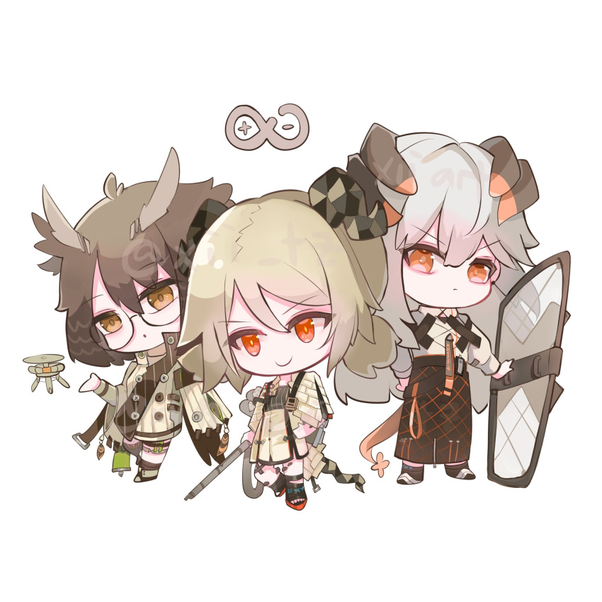 arknights blonde_hair brown_eyes brown_hair cactusxii chibi demon_horns dragon_girl dragon_horns dragon_tail feather_hair flamethrower grey_hair hat highres holding holding_shield horns ifrit_(arknights) orange_eyes orange_nails owl_ears owl_girl police_hat rhine_lab_logo rhodes_island_logo saria_(arknights) shield short_twintails silence_(arknights) tail twintails weapon