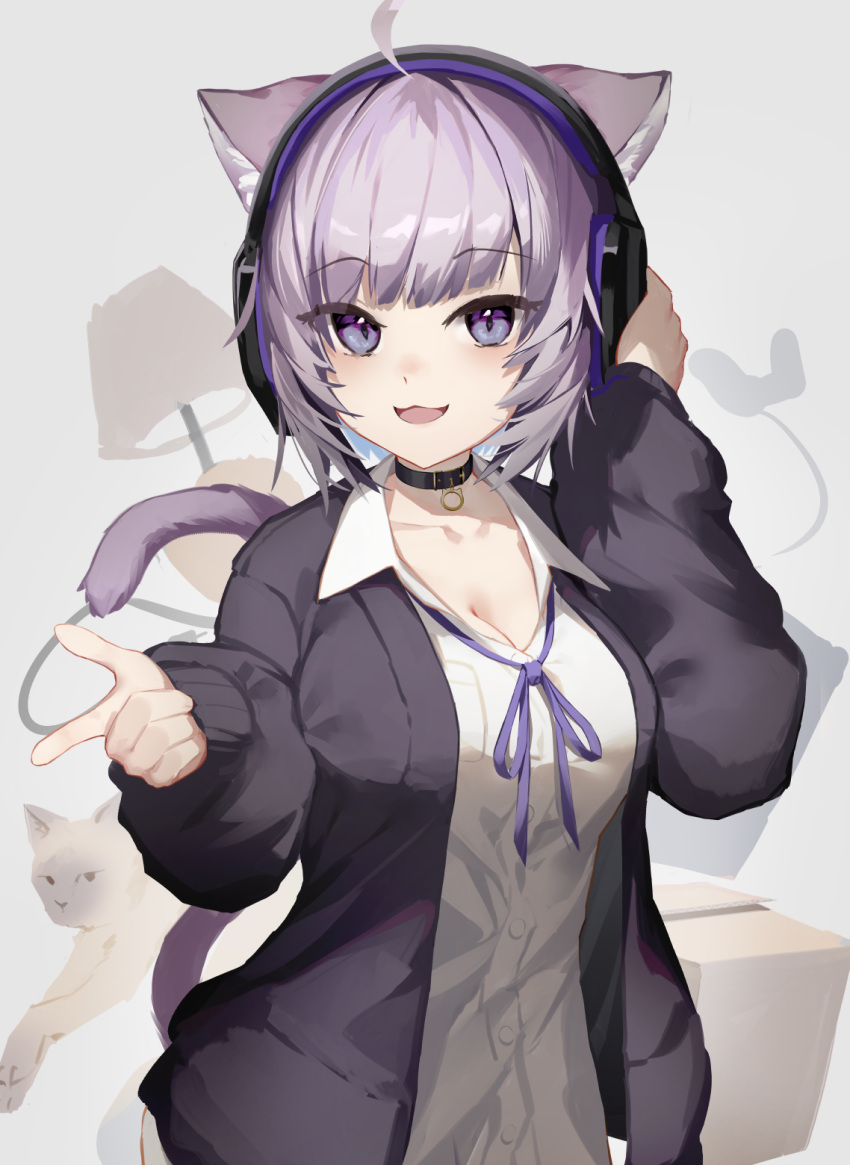 1girl ahoge animal_ears black_cardigan black_collar box breasts cardboard_box cardigan cat cat_ears cat_tail cine_(wazd0183) cleavage collar headphones highres hololive nekomata_okayu purple_eyes purple_hair shirt tail virtual_youtuber white_shirt