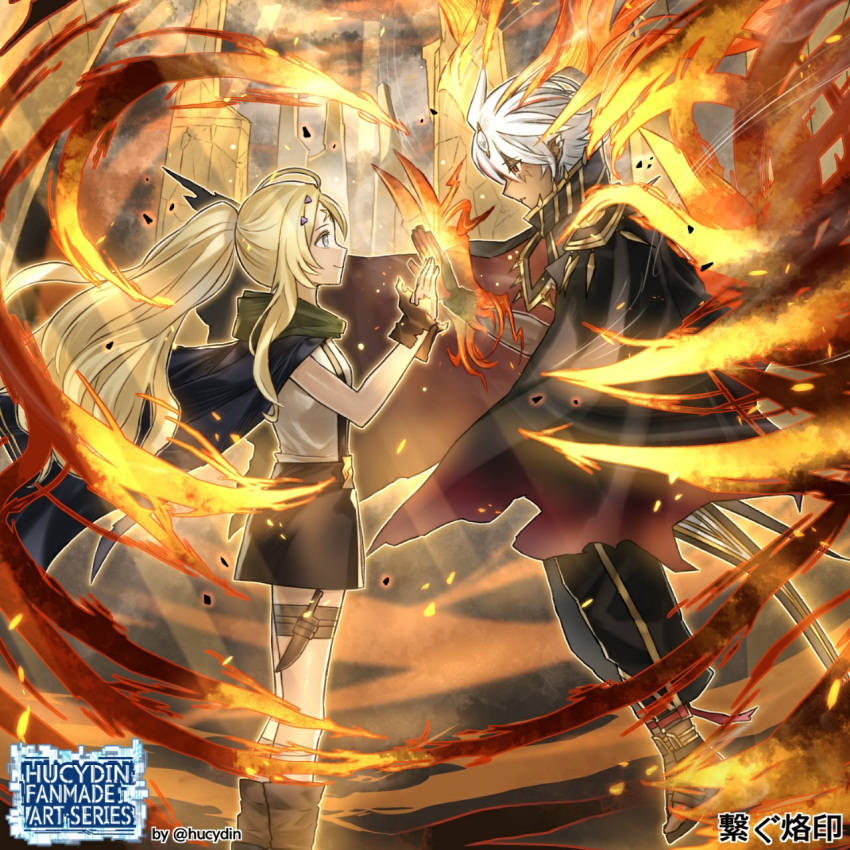 1boy 1girl albaz_(yu-gi-oh!) blonde_hair cape dark-skinned_male dark_skin duel_monster ecclesia_(yu-gi-oh!) english_commentary fallen_of_albaz fire floating forehead_jewel hand_to_hand highres hucydin incredible_ecclesia_the_virtuous knife long_hair miniskirt ponytail skirt twitter_username white_hair yu-gi-oh!