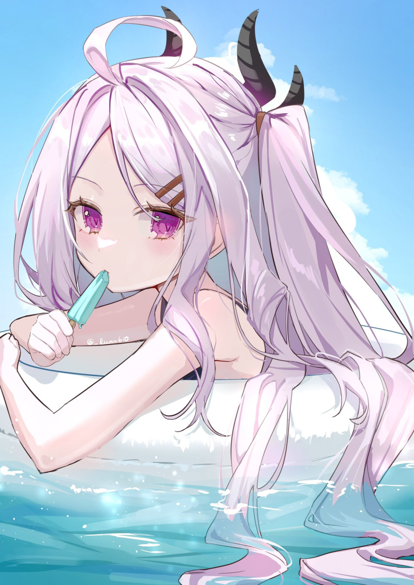 1girl afloat ahoge bare_arms bare_shoulders bikini blue_archive blue_sky blush cloud cloudy_sky day demon_horns food hair_ornament hairclip highres hina_(blue_archive) hina_(swimsuit)_(blue_archive) holding holding_food horns innertube long_hair looking_at_viewer luna_(luna610) lying ocean on_stomach one-piece_swimsuit one_side_up outdoors parted_bangs partially_submerged popsicle purple_eyes sidelocks sky solo swimsuit water white_hair