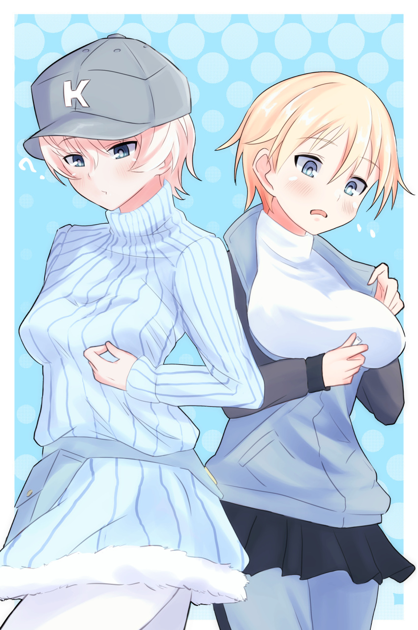 2girls ? absurdres blonde_hair blue_eyes brave_witches breasts cosplay costume_switch crossover flying_sweatdrops girls_und_panzer hat highres jacket keizoku_military_uniform large_breasts long_sleeves look-alike multiple_girls nikka_edvardine_katajainen pants pants_under_skirt short_hair skirt sweater tama_kitsune turtleneck turtleneck_sweater world_witches_series youko_(girls_und_panzer)